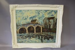 MARTY COLE (b.1900). Impressionist village river scene with buildings and stone bridge, signed and