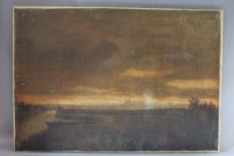 (XIX). Stormy twilight fenland scene with moored boat, unsigned, oil on canvas (re-lined), unframed,