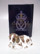 A ROYAL CROWN DERBY COLLECTORS GUILD SCRUFF THE DOG PAPERWEIGHT, gold stopper, with box, W 9 cm