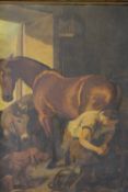 (XIX-XX). English school, stable interior with blacksmith shoeing a horse, watched by a dog and