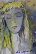 ALICE LENKIEWICZ (XX). Portrait study of a young woman with a garland of flowers in her hair, signed