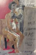 P. Mc?; A modernist composition with seated female nude, signed lower right, mixed media collage