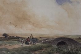 WYCLIFFE EGGINGTON (1875-1951). Stormy moorland scene with horse, cart and figures by a stone bridge