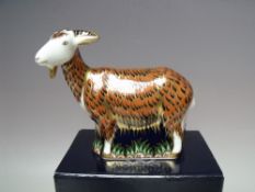A ROYAL CROWN DERBY 'VISITORS CENTRE EXCLUSIVE' NANNY GOAT PAPERWEIGHT, octagonal 21 gold stopper,