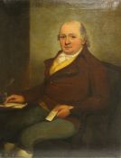 (XVIII-XIX). Portrait study of a seated gentleman with letters and quill pens, unsigned, oil on