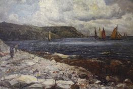 GUSTAVE DE BREANSKI (1856-1898). Stormy rocky coastal scene with figures and sailing vessels, signed