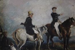 (XIX-XX). Irish school, 'The Hunting Party', with horses, dog and figures, unsigned, oil on board,