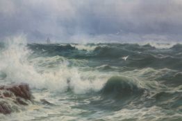 EDWARD MOORE (XIX-XX). Rocky coastal scene with heavy surf, 'High Tide near Tenby', signed lower