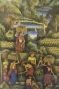 A 20TH CENTURY BALINESE PAINTING OF A VILLAGE SCENE, mixed media and textile, signed lower right,