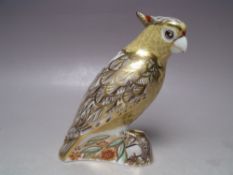 A ROYAL CROWN DERBY CITRON COCKATOO PAPERWEIGHT, gold stopper, with box, H 14 cm