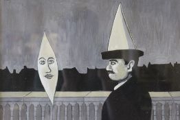 CIRCLE OF RENE MAGRITTE (1898-1967). Belgian school, surreal night time composition with figure,