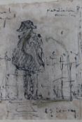 CIRCLE OF LAURENCE STEPHEN LOWRY (1887-1976). A small study of a figure by railings, bears signature