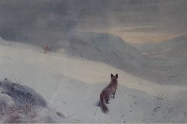 ARCHIBALD THORBURN (1860-1935). Mountainous winter landscape with fox and stag, signed in pencil
