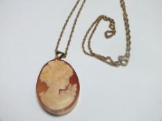 AN OVAL CAMEO PORTRAIT PENDANT IN 9CT GOLD MOUNT, cameo H 4.2 cm, suspended on a yellow metal