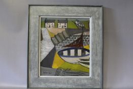 CIRCLE OF MARY FEDDEN (b.1915). Modernist harbour scene with fishing boat, female portrait verso,