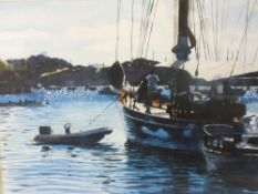 IAN MAGINNIS (XXI). Caribbean harbour scene with boats and figures 'Cambria & Tender Antigua 2004'