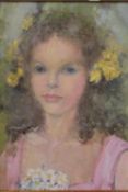 ROY PETLEY (b.1950). Study of a young girl with garland of flowers in her hair, signed verso, oil on