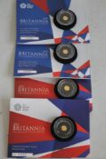 FOUR GOLD 1/40 OZ BRITANNIA COINS, in card packs (4)