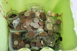 A BOX OF ASSORTED BRITISH AND WORLD COINS, to include 1953 plastic set etc.