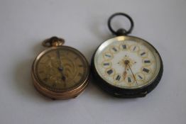 A 9ct LADIES' FOB WATCH, WITH GILT FOLIATE DIAL, along with a continental white metal (marked 925)