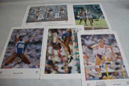 FIVE SIGNED PRINTS OF BRITISH OLYMPIC CHAMPIONS to include Dame Mary Peters, Lord Sebastian Coe,