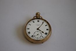 A 9ct GOLD GENTLEMAN'S OPEN FACED POCKET WATCH SIGNED TO THE DIAL OF MOVEMENT 