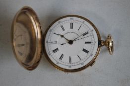 A GENTLEMAN'S FULL HUNTER POCKET WATCH (A/F), MARKED 14K, white lever dial signed 