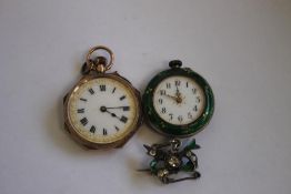 A 9ct GOLD LADIES FOB WATCH WITH ENAMEL DECORATION TO THE BACK (A/F) along with a white metal