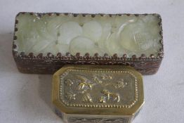 TWO CHINESE VINTAGE SNUFF TYPE BOXES, ONE WITH A PULL OFF LID INSET WITH A CARVED HARD STONE