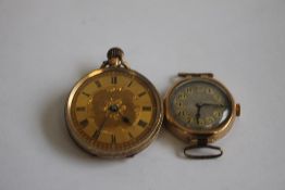 A 19TH CENTURY LADIES' FOB WATCH (marked 9ct) and a small 9ct ladies' wrist watch (2).