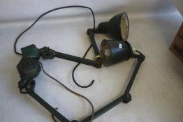 TWO VINTAGE INDUSTRIAL WALL MOUNTED ANGLE POISE LAMPS, green painted surfaces (2)
