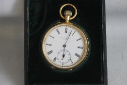 AN 18ct GOLD OPEN FACE TOP WIND POCKET WATCH, the white enamel dial (cracked) signed 