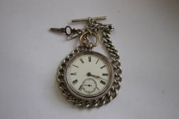 A SILVER OPEN FACE POCKET WATCH, (Unsigned) on a white metal Albert chain