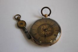 A LATE 19TH CENTURY CONTINENTAL LADIES' KEY WIND FOB, blue enamel decoration to the back A/F