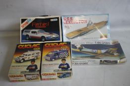 FIVE VINTAGE UNOPENED MODEL KITS to include Heller Cliclac No. 2011 Renault Trafic Police, Heller