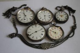A SMALL COLLECTION OF CONTINENTAL WHITE METAL LADIES' FOB WATCHES and chain parts
