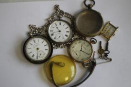 A SILVER OPEN FACE POCKET WATCH ON A MODERN WHITE METAL CHAIN, along with a gold plated 