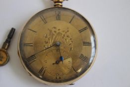 A 19th CENTURY GENTLEMAN'S YELLOW METAL OPEN FACE, KEY WIND POCKET WATCH, gilt dial with black Roman