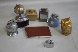 A COLLECTION OF VINTAGE TABLE LIGHTERS, to include a globe, an owl and Wedgwood Jasper type.