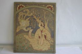 AN ARTS AND CRAFTS TAPESTRY IN THE ORIENTAL MANNER, depicting a seated lady being presented with a