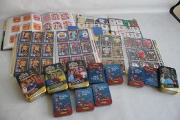 A BOX OF FOOTBALL TRADE / GAME CARDS / STICKERS BY PANINI, TOPPS & ADRENALYN 2018 - 2020, in