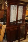 A VICTORIAN GLAZED MAHOGANY BOOKCASE A/F - W 107 CM, H 197 CM PLUS TWO CHAIRS