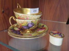 TWO AYNSLEY ORCHARD GOLD CUPS AND SAUCERS WITH GILT INTERIOR, TOGETHER WITH A MINIATURE TRINKET