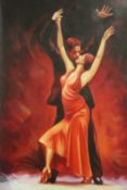 A MODERN OIL ON CANVAS DEPICTING TWO FIGURES DANCING A TANGO INDISTINCTLY SIGNED LOWER RIGHT -