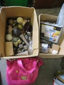 TWO BOXES OF CURTAIN POLE ACCESSORIES, TOGETHER WITH A LADIES HANDBAG