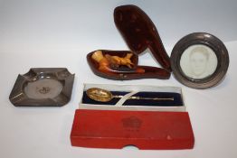 A BOG OF COLLECTABLES TO INCLUDE A HALLMARKED SILVER ASHTRAY AND PICTURE FRAME, MEERSCHAUM PIPE A/