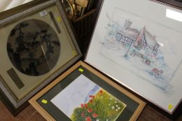 AN ORIENTAL WATERCOLOUR ON SILK TOGETHER WITH A FLORAL WATERCOLOUR AND A PRINT (3)