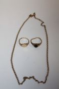 TWO HALLMARKED 9 CARAT GOLD SIGNET RINGS A/F TOGETHER WITH A CHAIN, APPROX COMBINED WEIGHT 8.5G