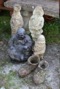 A SELECTION OF STONE AND CERAMIC GARDEN ORNAMENTS TO INCLUDE TWO JAPANESE FIGURES (1 S/D )BUDDHA,