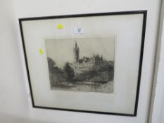 A FRAMED AND GLAZED ENGRAVING DEPICTING A CASTLE SIGNED A.P. THOMSON